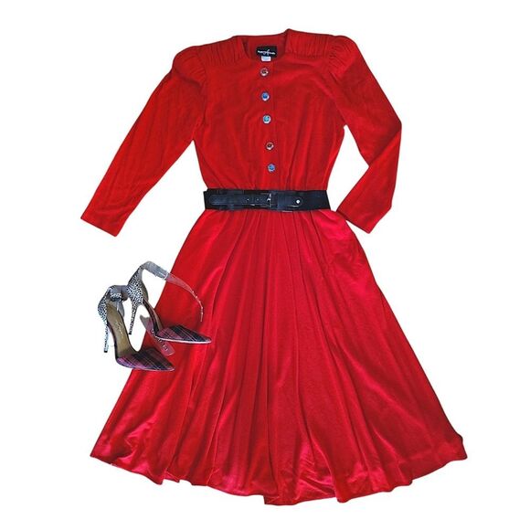 VTG 80s Red Colorful Jeweled Button Top Midi Party Dress 9/ 10 *Fits like Med - Picture 6 of 13